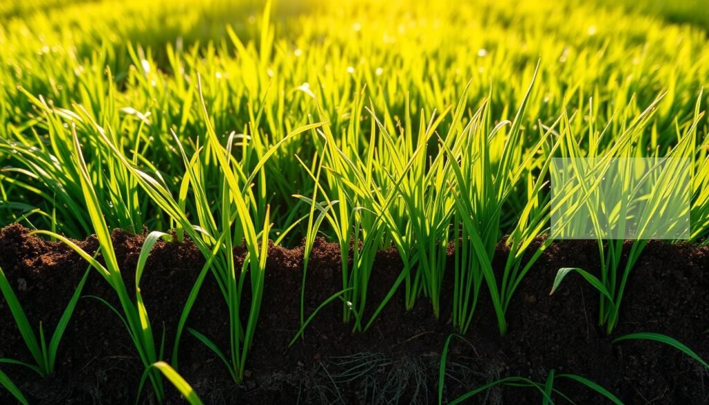 A lush, verdant lawn under warm, golden sunlight. In the foreground, blades of fescue grass sway gently, their vibrant green hues accentuated by morning dew. The middle ground reveals the intricate root system, soil structure, and nutrient-rich environment that nourish the grass. In the background, environmental factors like rainfall, temperature, and soil pH levels are subtly depicted, their influence on growth evident. The scene conveys the delicate balance of elements that impact the waiting period for mowing after overseeding a fescue lawn, inviting the viewer to appreciate the complexity of lawn care.