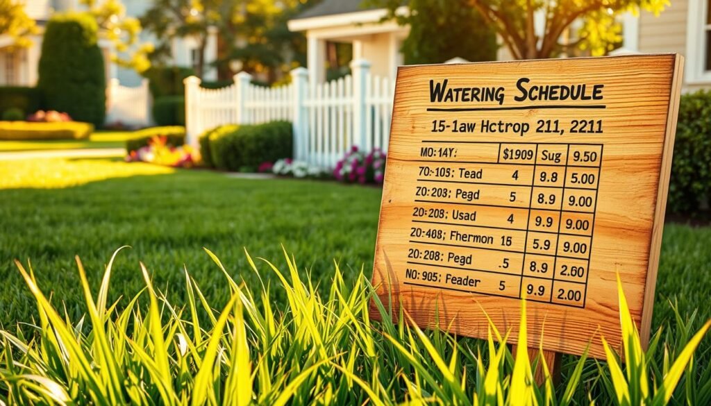 A lush, well-manicured lawn with a detailed watering schedule prominently displayed. The schedule is presented on a wooden plaque or sign, its surface weathered and distressed, casting warm, natural shadows. In the foreground, healthy, vibrant grass blades sway gently in a light breeze. The middle ground features neatly trimmed hedges and flowerbeds, while the background showcases a picturesque residential setting with a classic white picket fence. The scene is bathed in soft, golden afternoon sunlight, creating a tranquil, inviting atmosphere.