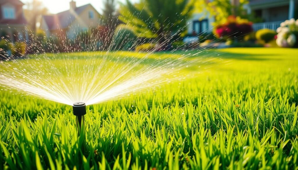 Lush green lawn, freshly mowed, glistening with water droplets. A gentle breeze blows across the vibrant grass, highlighting the verdant hues. In the foreground, a hand-held sprinkler system sprays a fine mist, nourishing the soil. Sunlight filters through wispy clouds, casting a warm, golden glow over the scene. The background features a tranquil suburban setting, with well-maintained homes and blooming flora. The overall impression is one of rejuvenation and healthy, thriving greenery - the benefits of watering a lawn after mowing. Lush green lawn, freshly mowed, glistening with water droplets. A gentle breeze blows across the vibrant grass, highlighting the verdant hues. In the foreground, a hand-held sprinkler system sprays a fine mist, nourishing the soil. Sunlight filters through wispy clouds, casting a warm, golden glow over the scene. The background features a tranquil suburban setting, with well-maintained homes and blooming flora. The overall impression is one of rejuvenation and healthy, thriving greenery - the benefits of watering a lawn after mowing.