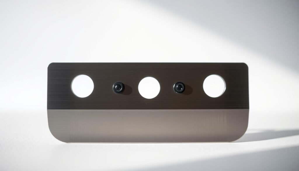 A close-up view of a well-maintained lawn mower blade, showcasing its proper height and sharpness. The blade is positioned against a clean, light background, illuminated by soft, natural lighting from the side, casting subtle shadows that accentuate its contours and edges. The blade's metal surface reflects the light, giving it a polished, professional appearance. The depth of field is shallow, keeping the blade in focus while blurring the background, directing the viewer's attention to the critical details of blade maintenance. The overall composition and lighting create a sense of clarity, precision, and the importance of proper lawn equipment care.