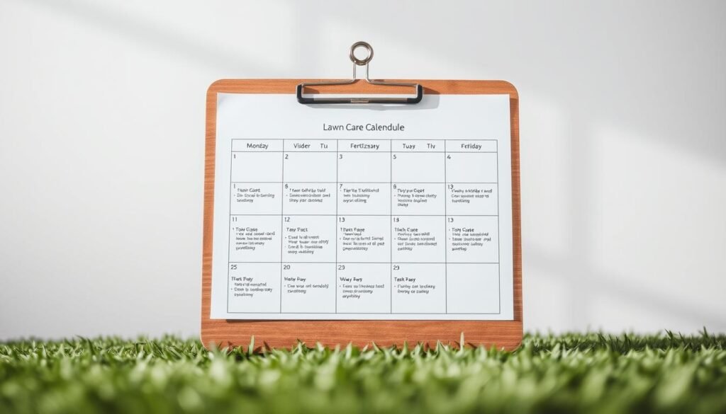 A crisp, clean lawn care calendar with a minimalist aesthetic, showcasing a weekly schedule for mowing, fertilizing, and other essential tasks. The calendar is displayed on a wooden clipboard against a soft, blurred background, creating a sense of organization and attention to detail. Subtle lighting from above casts gentle shadows, adding depth and texture to the scene. The overall mood is professional, informative, and visually appealing, perfectly suited to illustrate the "Scheduling Your Lawn Care Routine Effectively" section of the article. A crisp, clean lawn care calendar with a minimalist aesthetic, showcasing a weekly schedule for mowing, fertilizing, and other essential tasks. The calendar is displayed on a wooden clipboard against a soft, blurred background, creating a sense of organization and attention to detail. Subtle lighting from above casts gentle shadows, adding depth and texture to the scene. The overall mood is professional, informative, and visually appealing, perfectly suited to illustrate the "Scheduling Your Lawn Care Routine Effectively" section of the article.