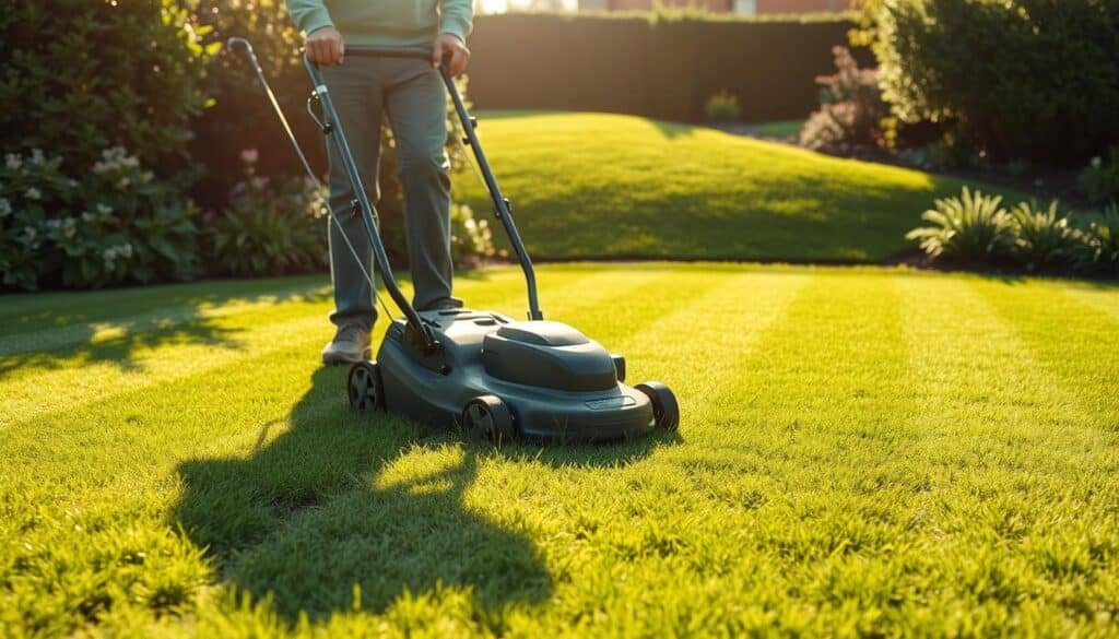 A lush, freshly overseeded lawn stretches out under a warm afternoon sun. In the foreground, a person in casual attire meticulously guides a modern lawn mower, its blades precisely trimming the new grass. The mowing pattern creates a visually appealing striped effect, showcasing the even, healthy growth of the lawn. In the middle ground, the lawn gently slopes, highlighting the uniform height and density of the overseeded turf. Surrounding the scene, a well-manicured garden frames the image, adding to the sense of a vibrant, thriving outdoor space. The lighting is soft and natural, casting subtle shadows that accentuate the texture and contours of the grass. The overall mood is one of calm, satisfaction, and a job well done in caring for an overseeded lawn.