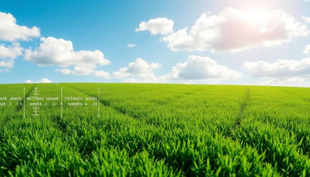 A lush green lawn under a warm summer sun, with a neatly mowed pattern of parallel lines in the foreground. In the middle ground, a ruler-like scale shows the recommended mowing intervals, ranging from 1 to 4 weeks, indicated by clear markings. The background features a serene blue sky with fluffy white clouds, creating a calming and informative composition. The lighting is natural and diffused, casting soft shadows that accentuate the textures of the grass. The camera angle is slightly elevated, giving a bird's-eye view that showcases the orderly and well-maintained lawn.