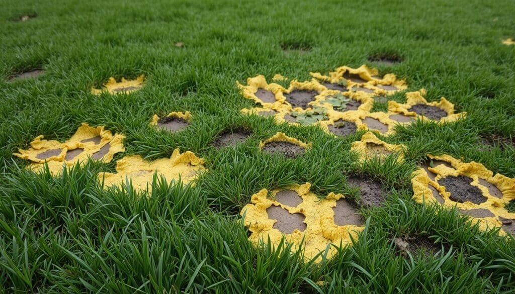 A lush, verdant lawn lies before the viewer, its surface marred by unsightly discoloration and distortion. In the foreground, patches of yellowed, wilted grass stand in stark contrast to the healthy, vibrant greenery surrounding them. Closer inspection reveals telltale signs of fungal disease, with a web-like pattern of necrotic tissue spreading across the affected areas. The middle ground showcases a mix of healthy and diseased blades, some bent and matted, others standing tall and proud. In the background, the lawn's texture appears uneven, with bumps and divots where the soil has become compacted and waterlogged from excessive moisture. Soft, diffuse lighting casts a somber tone, highlighting the ravages of mowing wet grass and the toll it has taken on this once-pristine landscape. A lush, verdant lawn lies before the viewer, its surface marred by unsightly discoloration and distortion. In the foreground, patches of yellowed, wilted grass stand in stark contrast to the healthy, vibrant greenery surrounding them. Closer inspection reveals telltale signs of fungal disease, with a web-like pattern of necrotic tissue spreading across the affected areas. The middle ground showcases a mix of healthy and diseased blades, some bent and matted, others standing tall and proud. In the background, the lawn's texture appears uneven, with bumps and divots where the soil has become compacted and waterlogged from excessive moisture. Soft, diffuse lighting casts a somber tone, highlighting the ravages of mowing wet grass and the toll it has taken on this once-pristine landscape.