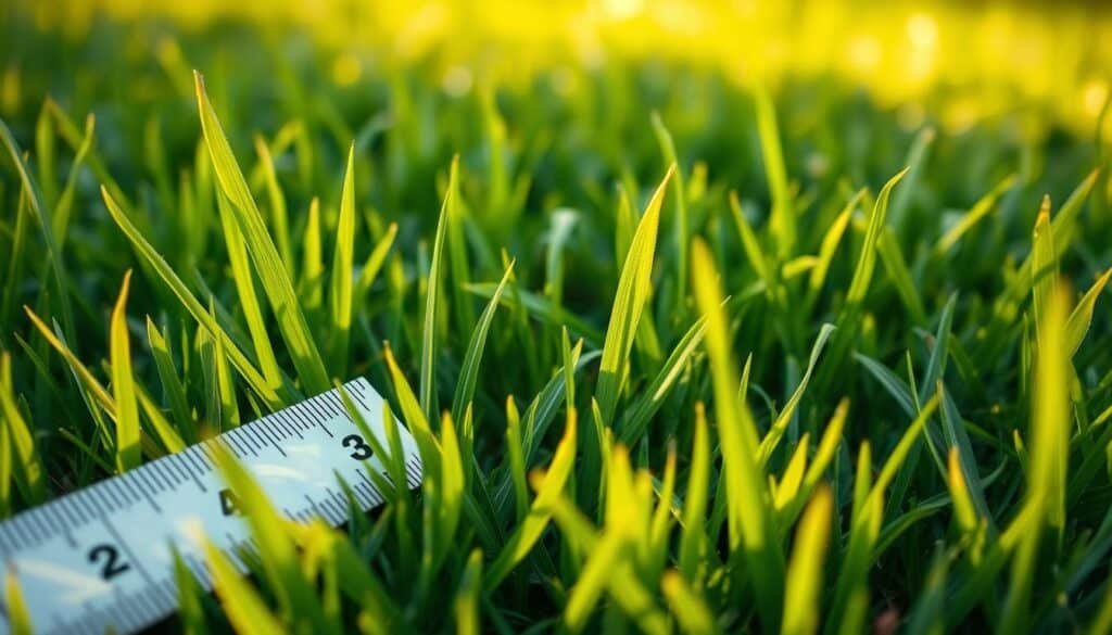A lush, verdant lawn with fresh, vibrant grass blades, recently overseeded. The camera focuses on a ruler or measuring stick, capturing the precise height of the newly grown grass, ranging from 2 to 4 inches tall. Warm, natural lighting casts a soft, golden glow, highlighting the delicate texture and subtle variations in the grass. The background is slightly blurred, drawing attention to the central measurement. The overall scene conveys a sense of orderly, well-maintained growth, reflecting the optimal waiting period before mowing after overseeding.