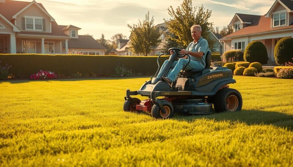 A lush, well-manicured lawn with a professional-grade riding mower navigating efficient parallel rows, leaving behind perfectly trimmed grass. The mower's blades glisten in the warm, golden sunlight filtering through wispy clouds. In the background, a picturesque suburban neighborhood with neatly trimmed hedges and vibrant flower beds. The mower operator sits upright, hands confidently on the controls, their face focused yet relaxed, demonstrating a mastery of lawn maintenance techniques. The scene conveys a sense of order, productivity, and pride in a job well done.