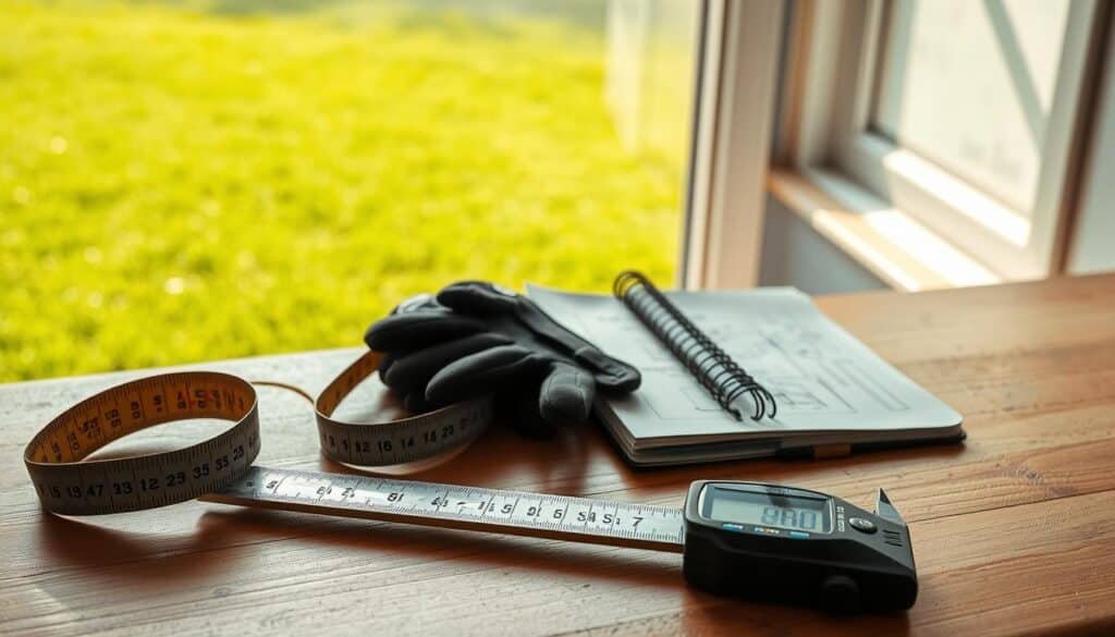 A meticulously arranged still-life of lawn measurement tools, illuminated by soft, natural light filtering through a window. In the foreground, a tape measure, a ruler, and a digital caliper lie neatly on a wooden surface, their metallic surfaces reflecting the ambient glow. In the middle ground, a lawn mower manual and a notebook with sketches of lawn dimensions sit alongside a pair of gardening gloves. In the background, the silhouette of a lush, well-manicured lawn can be seen through the window, hinting at the tools' purpose. The overall composition conveys a sense of order, precision, and a dedication to maintaining an efficient and well-measured lawn.