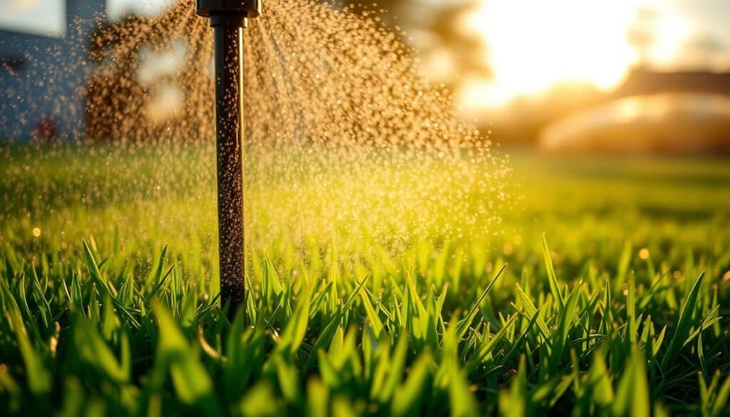 A tranquil scene of early morning lawn watering. A lush green lawn glistens with dew as a sprinkler system slowly rotates, casting a gentle mist over the grass. Warm, golden sunlight filters through wispy clouds, creating a serene, peaceful atmosphere. The camera captures a close-up view, showcasing the intricate patterns of the water droplets and the vibrant, healthy blades of grass. The composition emphasizes the rhythmic motion of the sprinkler, conveying the effortless flow of the water and the rejuvenating process of morning lawn care. This image perfectly encapsulates the optimal timing and techniques for watering a lawn to promote optimal growth and vigor.