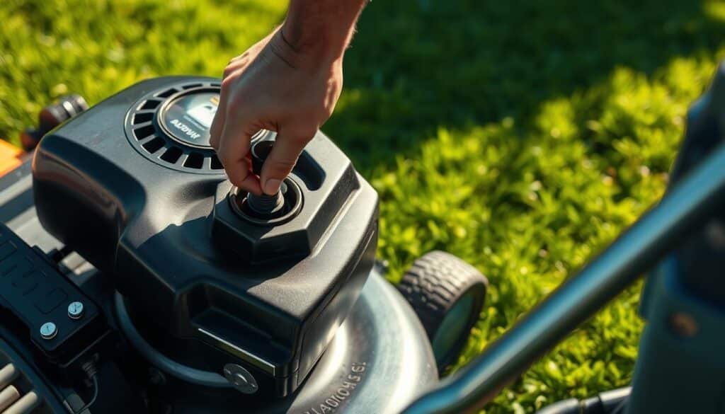 A well-lit closeup of a person's hands checking the oil dipstick of a lawn mower engine, set against a backdrop of a neatly trimmed green lawn. The mower is positioned in the middle ground, its shiny chrome and black details gleaming in the sunlight. The lighting is warm and natural, casting soft shadows that accentuate the mechanical components. The overall scene conveys a sense of care and attention to maintaining the lawn mower for optimal performance. A well-lit closeup of a person's hands checking the oil dipstick of a lawn mower engine, set against a backdrop of a neatly trimmed green lawn. The mower is positioned in the middle ground, its shiny chrome and black details gleaming in the sunlight. The lighting is warm and natural, casting soft shadows that accentuate the mechanical components. The overall scene conveys a sense of care and attention to maintaining the lawn mower for optimal performance.