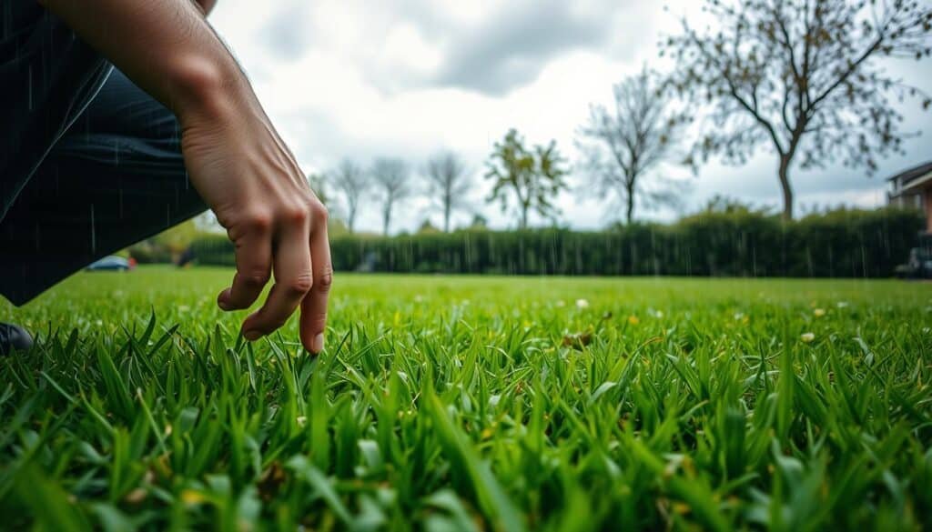 A well-lit garden scene after a gentle rain. In the foreground, a person crouches down to closely inspect the lush, verdant grass, running their fingers through the blades to assess the moisture content. The middle ground shows the freshly dampened lawn, with scattered puddles reflecting the cloudy sky above. In the background, a line of trees sway lightly in a cool breeze, their leaves glistening with recent precipitation. The overall mood is one of contemplation and careful evaluation, as the person determines the optimal time to mow this revitalized greenery. A well-lit garden scene after a gentle rain. In the foreground, a person crouches down to closely inspect the lush, verdant grass, running their fingers through the blades to assess the moisture content. The middle ground shows the freshly dampened lawn, with scattered puddles reflecting the cloudy sky above. In the background, a line of trees sway lightly in a cool breeze, their leaves glistening with recent precipitation. The overall mood is one of contemplation and careful evaluation, as the person determines the optimal time to mow this revitalized greenery.