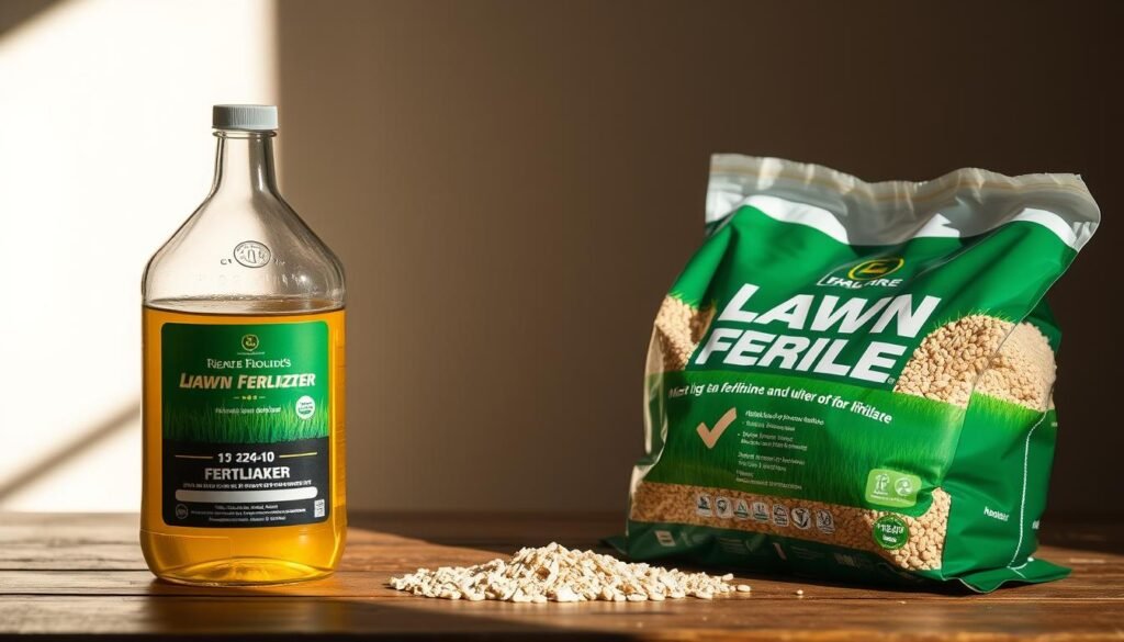 A well-lit, high-resolution photographic still-life scene depicting two types of lawn fertilizer: a transparent bottle of liquid fertilizer and a bag of granular fertilizer. The items are arranged on a wooden table, with the bottle and bag positioned side-by-side, creating a visual comparison. Soft, natural lighting casts subtle shadows, highlighting the distinct textures and forms of the two fertilizer products. The overall composition emphasizes the contrast between the liquid and granular formulations, inviting the viewer to consider their differences and potential applications for lawn care. A well-lit, high-resolution photographic still-life scene depicting two types of lawn fertilizer: a transparent bottle of liquid fertilizer and a bag of granular fertilizer. The items are arranged on a wooden table, with the bottle and bag positioned side-by-side, creating a visual comparison. Soft, natural lighting casts subtle shadows, highlighting the distinct textures and forms of the two fertilizer products. The overall composition emphasizes the contrast between the liquid and granular formulations, inviting the viewer to consider their differences and potential applications for lawn care.