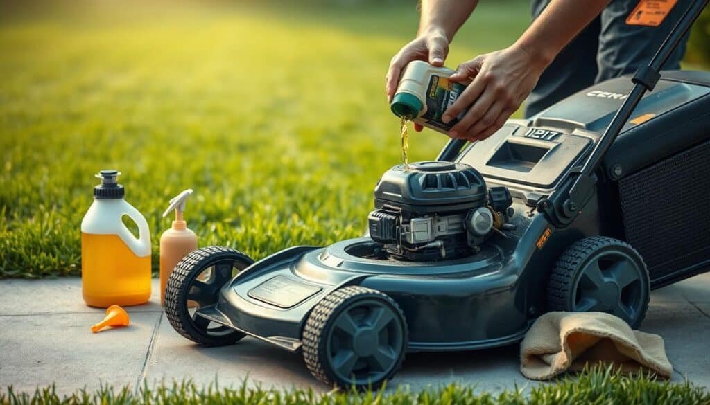 A well-maintained lawn mower is crucial for a pristine, lush lawn. This prompt aims to capture the process of an oil change for a lawn mower, showcasing the necessary tools and the delicate steps involved. In the foreground, a mid-shot of a lawn mower rests on a concrete surface, its engine exposed, ready for servicing. Various oil change supplies surround it, including a fresh oil bottle, funnel, and a clean rag. The lighting is soft and diffused, creating a warm, inviting atmosphere. In the middle ground, the mechanic's hands carefully pour the new oil into the mower's engine, meticulously following the recommended intervals for optimal performance. The engine's internal components are visible, highlighting the importance of regular maintenance. The background features a neatly manicured lawn, symbolizing the ultimate goal of maintaining the lawn mower in top condition. The overall scene conveys a sense of professionalism, attention to detail, and the importance of proper lawn mower care. Prompt A mid-shot A well-maintained lawn mower is crucial for a pristine, lush lawn. This prompt aims to capture the process of an oil change for a lawn mower, showcasing the necessary tools and the delicate steps involved. In the foreground, a mid-shot of a lawn mower rests on a concrete surface, its engine exposed, ready for servicing. Various oil change supplies surround it, including a fresh oil bottle, funnel, and a clean rag. The lighting is soft and diffused, creating a warm, inviting atmosphere. In the middle ground, the mechanic's hands carefully pour the new oil into the mower's engine, meticulously following the recommended intervals for optimal performance. The engine's internal components are visible, highlighting the importance of regular maintenance. The background features a neatly manicured lawn, symbolizing the ultimate goal of maintaining the lawn mower in top condition. The overall scene conveys a sense of professionalism, attention to detail, and the importance of proper lawn mower care. Prompt A mid-shot