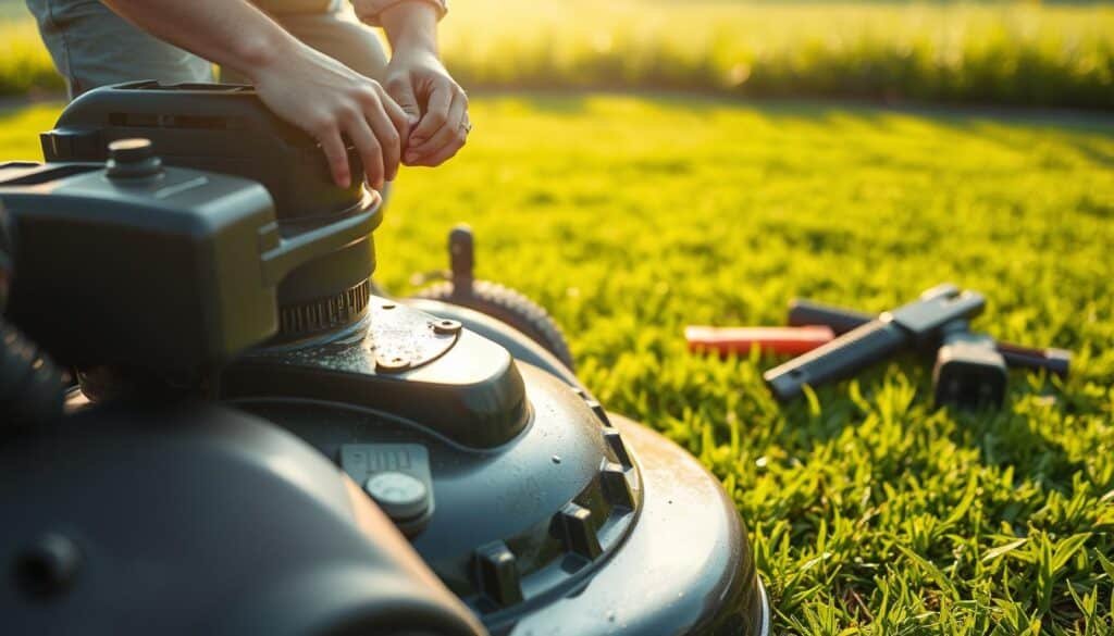 A well-maintained mower deck, its blades gleaming under the warm afternoon sun, as a gardener meticulously inspects and cleans the underside. The lush, verdant lawn stretches out in the background, a testament to the hard work and diligence required to keep a post-rain landscape in pristine condition. The scene exudes a sense of order and attention to detail, with the gardener's tools neatly arranged nearby, ready for the next task. The composition emphasizes the importance of regular mower deck maintenance, a critical step in ensuring the health and appearance of a freshly mowed lawn. A well-maintained mower deck, its blades gleaming under the warm afternoon sun, as a gardener meticulously inspects and cleans the underside. The lush, verdant lawn stretches out in the background, a testament to the hard work and diligence required to keep a post-rain landscape in pristine condition. The scene exudes a sense of order and attention to detail, with the gardener's tools neatly arranged nearby, ready for the next task. The composition emphasizes the importance of regular mower deck maintenance, a critical step in ensuring the health and appearance of a freshly mowed lawn.