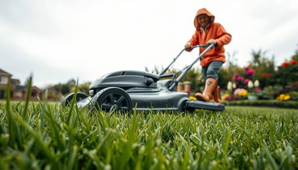 A well-manicured lawn with blades of wet grass glistening under a soft, overcast sky. In the foreground, a lawnmower with sturdy wheels navigates the uneven terrain, its blades cutting through the damp foliage with precision. The middle ground showcases a gardener in a rain jacket and boots, carefully maneuvering the mower, their face expressing a focused determination. In the background, a picturesque garden with vibrant flowers and lush greenery provides a serene backdrop. The scene conveys a sense of careful attention to detail and the importance of adapting mowing techniques to accommodate wet conditions. A well-manicured lawn with blades of wet grass glistening under a soft, overcast sky. In the foreground, a lawnmower with sturdy wheels navigates the uneven terrain, its blades cutting through the damp foliage with precision. The middle ground showcases a gardener in a rain jacket and boots, carefully maneuvering the mower, their face expressing a focused determination. In the background, a picturesque garden with vibrant flowers and lush greenery provides a serene backdrop. The scene conveys a sense of careful attention to detail and the importance of adapting mowing techniques to accommodate wet conditions.