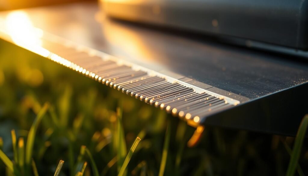 A close-up view of a freshly sharpened lawn mower blade, gleaming under warm, directional lighting. The blade's edge is razor-sharp, with tiny, uniform serrations reflecting the light. The blade appears sturdy and well-maintained, ready to smoothly slice through the newly grown grass. The background is blurred, placing the focus entirely on the blade's cutting edge and its pristine condition, conveying the importance of proper lawn mower maintenance for a well-manicured lawn.