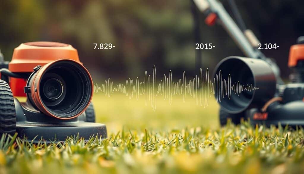 A comparative visual analysis of the decibel levels emitted by various lawn mower models, captured through a crisp, photographic lens. A detailed foreground showcases the inner mechanisms and exhaust ports of the mowers, with a middle ground highlighting the differing sound wave patterns emanating from each. The background fades into a softly blurred expanse, allowing the viewer to focus on the technical data represented. Warm, natural lighting accentuates the textures and materials, creating a sense of technical precision. The overall composition conveys a clear, informative, and visually engaging illustration of the varying noise levels produced by lawn mowers.