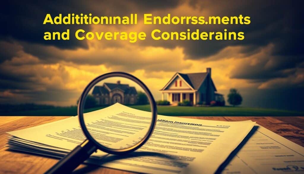 A detailed blueprint for an image showcasing "Additional Endorsements and Coverage Considerations" for homeowners insurance. In the foreground, a magnifying glass hovers over a stack of documents, highlighting the fine print and legal jargon. The middle ground features a cozy home surrounded by a lush lawn, alluding to potential risks. In the background, a cloudy sky casts a contemplative mood, emphasizing the importance of understanding the nuances of one's policy. Warm lighting illuminates the scene, creating a sense of thoughtful deliberation. The composition is balanced, drawing the viewer's eye to the key elements of additional coverage options and risk assessment.