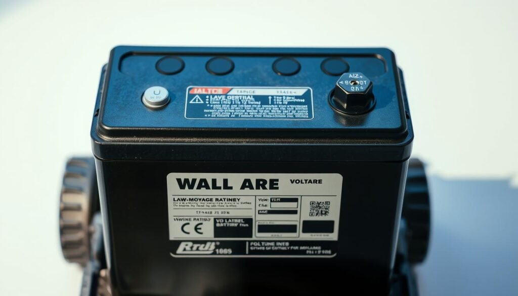 A detailed close-up photograph of a lawn mower battery, showcasing the voltage rating labels on its surface. The battery is positioned in the center of the frame, with a clean, well-lit background that enhances the clarity and legibility of the technical information. The lighting is soft and even, casting subtle shadows that accentuate the battery's textures and contours. The camera angle is slightly elevated, providing an unobstructed view of the battery's top surface and terminals. The focus is sharp, ensuring that the voltage ratings and any other relevant details are crisp and easily readable. The overall mood is informative and technical, conveying the importance of understanding the power specifications of lawn mower batteries.