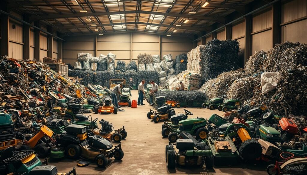 A large, well-lit recycling center for old lawn mowers, with a variety of discarded models scattered throughout the foreground. In the middle ground, a team of workers carefully disassembling and sorting the different components for proper recycling. The background features towering stacks of crushed metal and piles of shredded plastic, all neatly organized and ready for processing. The overall scene conveys a sense of efficiency and environmental responsibility, with a warm, industrial lighting that casts long shadows across the concrete floor. A large, well-lit recycling center for old lawn mowers, with a variety of discarded models scattered throughout the foreground. In the middle ground, a team of workers carefully disassembling and sorting the different components for proper recycling. The background features towering stacks of crushed metal and piles of shredded plastic, all neatly organized and ready for processing. The overall scene conveys a sense of efficiency and environmental responsibility, with a warm, industrial lighting that casts long shadows across the concrete floor.