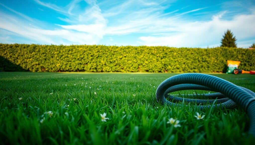 A lush green lawn after mowing, with freshly cut grass clippings scattered across the surface. In the foreground, a garden hose coiled neatly, ready to water the lawn. In the middle ground, a garden rake and a small bag of fertilizer, indicating post-mowing maintenance tasks. The background features a well-trimmed hedge and a vibrant blue sky with wispy clouds, creating a serene, picturesque scene. The lighting is soft and diffused, highlighting the rich, verdant hues of the lawn. The camera angle is slightly elevated, capturing a comprehensive view of the post-mowing lawn care activities.