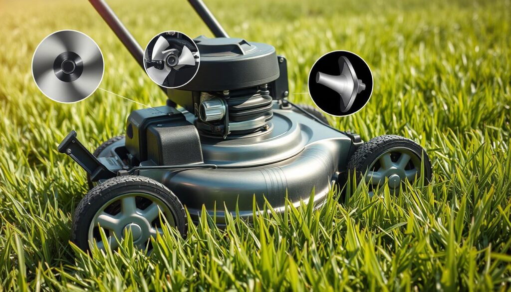A lush green lawn, its blades swaying gently in the breeze, is the backdrop for a detailed close-up of a modern lawn mower. The machine, its metallic body gleaming under soft, natural lighting, sits at the center of the frame, its engine and moving parts visible. Surrounding the lawn mower are various elements that contribute to its noise output, such as the spinning blades, the exhaust system, and the air intake. These elements are highlighted with technical precision, showcasing the complexity of factors that influence the overall sound level of a lawn mower in operation. The image conveys a sense of scientific inquiry, inviting the viewer to explore and understand the various mechanisms that contribute to the familiar hum of a lawn mower.