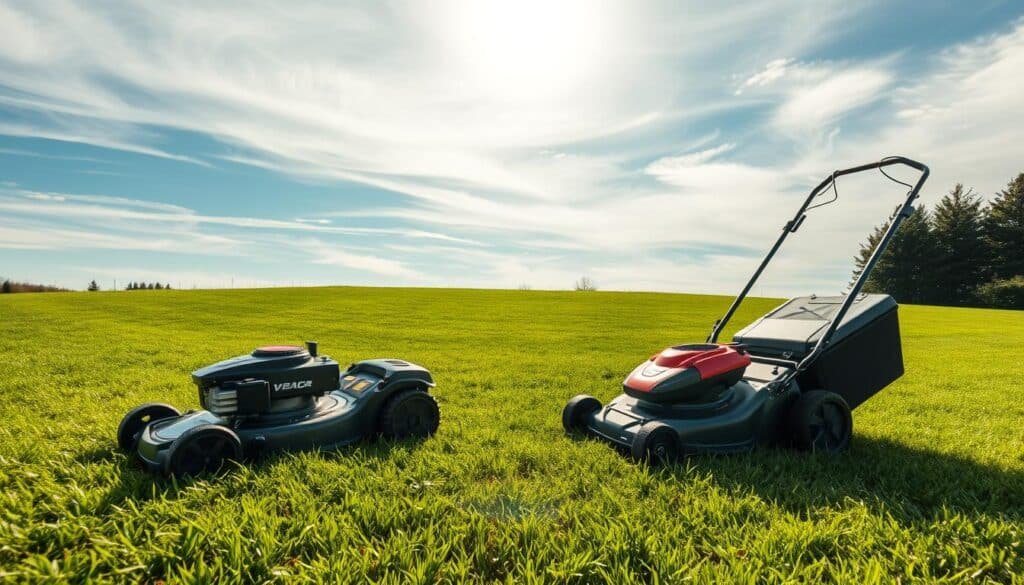 A lush, green lawn stretches out, the sun's rays filtering through wispy clouds. In the foreground, a sleek, modern power mower glides effortlessly, its powerful engine rumbling. Beside it, a classic push mower stands ready, its sturdy frame and manual operation a testament to its timeless design. The two mowers, representing the evolution of lawn care, stand in contrast, inviting the viewer to consider the differences in efficiency, effort, and environmental impact as they mow their own lawns. The scene is captured with a cinematic wide-angle lens, allowing the viewer to fully immerse themselves in the comparison of these two lawn-taming tools. A lush, green lawn stretches out, the sun's rays filtering through wispy clouds. In the foreground, a sleek, modern power mower glides effortlessly, its powerful engine rumbling. Beside it, a classic push mower stands ready, its sturdy frame and manual operation a testament to its timeless design. The two mowers, representing the evolution of lawn care, stand in contrast, inviting the viewer to consider the differences in efficiency, effort, and environmental impact as they mow their own lawns. The scene is captured with a cinematic wide-angle lens, allowing the viewer to fully immerse themselves in the comparison of these two lawn-taming tools.