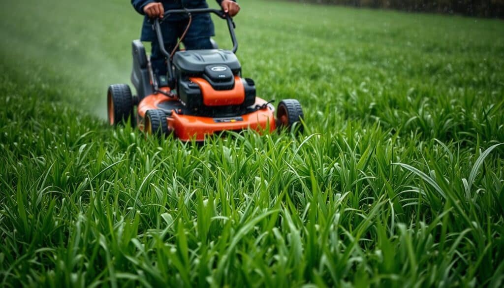 A lush, verdant lawn covered in glistening droplets as a lawn mower navigates the damp terrain. The scene is bathed in a soft, overcast light, casting a gentle, moody atmosphere. Blades of grass bend and sway as the mower's wheels leave behind a trail of freshly cut, damp foliage. The sound of the engine and the scent of the freshly mowed grass mingle together, creating a sensory experience. The mower's operator, clad in weatherproof gear, appears focused, their face partially obscured by the scene's hazy, atmospheric conditions. The overall impression conveys the challenges and realities of mowing a wet lawn, inviting the viewer to ponder the dilemma of whether it's advisable to do so.