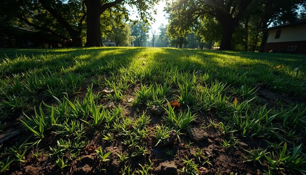 A lush, verdant lawn is marred by unsightly fungal disease, evident in the discolored patches and irregular growth patterns. The soil appears heavily compacted, with a dull, lifeless hue and an uneven surface. Sunlight filters through the canopy of overhanging trees, casting a dappled, moody atmosphere across the scene. The overall impression is one of neglect and hidden hazards, a cautionary tale of the consequences of improper lawn care practices.