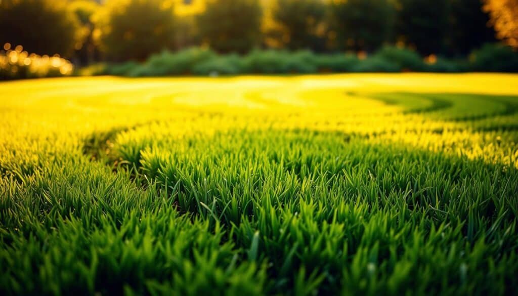 A lush, verdant lawn with intricate mowing patterns, illuminated by warm, golden sunlight. The foreground features neatly trimmed grass, its blades arranged in parallel lines, creating a visually striking, symmetrical design. In the middle ground, the patterns transition into a more organic, swirling layout, showcasing the skilled maneuvering of the lawn mower. The background blends soft, out-of-focus greenery, creating a sense of depth and tranquility. The image conveys a well-maintained, meticulously cared-for lawn, highlighting the attention to detail and best practices for achieving an immaculate, aesthetically pleasing outcome.