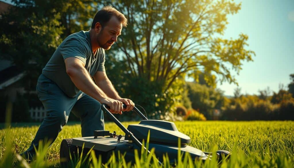 A man mowing his lush green lawn under warm, golden afternoon sunlight. In the foreground, his muscular arms push the lawn mower, sweat glistening on his brow. In the middle ground, a sense of focused determination as he navigates the uneven terrain. In the background, a verdant garden and a clear blue sky, conveying a serene, rejuvenating atmosphere. The scene exudes a sense of physical exertion, mental clarity, and the personal satisfaction of maintaining one's own outdoor space. Cinematic angles and shallow depth of field emphasize the subject's physicality and the tranquil setting. A man mowing his lush green lawn under warm, golden afternoon sunlight. In the foreground, his muscular arms push the lawn mower, sweat glistening on his brow. In the middle ground, a sense of focused determination as he navigates the uneven terrain. In the background, a verdant garden and a clear blue sky, conveying a serene, rejuvenating atmosphere. The scene exudes a sense of physical exertion, mental clarity, and the personal satisfaction of maintaining one's own outdoor space. Cinematic angles and shallow depth of field emphasize the subject's physicality and the tranquil setting.