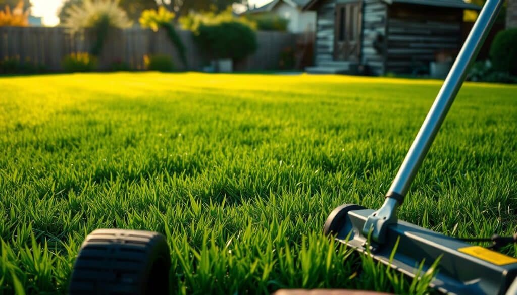 A meticulously manicured lawn, the centerpiece of a serene suburban scene. In the foreground, a lawn mower stands ready, its blades gleaming in the warm afternoon light. In the middle ground, verdant grass undulates gently, its emerald hue a testament to careful tending. In the background, a weathered wooden shed casts a soft shadow, hinting at the tools and products needed to maintain this verdant oasis. The composition evokes a sense of harmony, where the act of mowing and fertilizing coexist in a delicate balance, creating a lush, vibrant landscape. Soft, diffused lighting envelops the scene, lending an air of contemplation and tranquility.