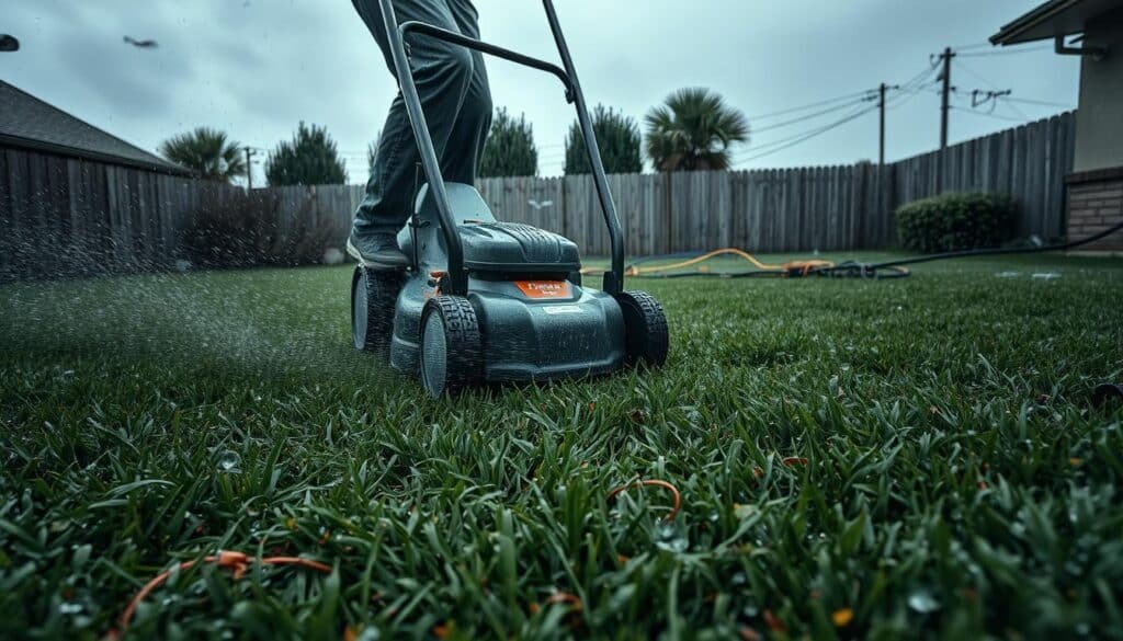 A rain-soaked backyard, the grass glistening with droplets. In the foreground, a person mowing the lawn, their feet sliding on the wet ground, creating a treacherous situation. The lawnmower's metal blades spin dangerously close to the worker's legs, posing a severe risk of injury. In the middle ground, power cables and extension cords sprawled across the damp surface, heightening the potential for electrocution. The overcast sky casts a somber, ominous mood, emphasizing the personal safety hazards inherent in this scenario. Captured with a wide-angle lens, this image aims to convey the importance of safety considerations when mowing a lawn after rainfall. A rain-soaked backyard, the grass glistening with droplets. In the foreground, a person mowing the lawn, their feet sliding on the wet ground, creating a treacherous situation. The lawnmower's metal blades spin dangerously close to the worker's legs, posing a severe risk of injury. In the middle ground, power cables and extension cords sprawled across the damp surface, heightening the potential for electrocution. The overcast sky casts a somber, ominous mood, emphasizing the personal safety hazards inherent in this scenario. Captured with a wide-angle lens, this image aims to convey the importance of safety considerations when mowing a lawn after rainfall.
