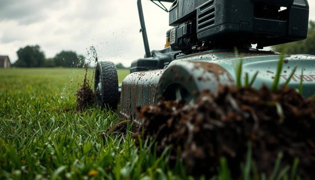 A rain-soaked lawn, the grass slick and heavy, as a lawn mower struggles to traverse the muddy terrain. In the foreground, the mower's wheels spin, spraying droplets of water and mud. The engine strains, its motor growling with the effort. In the middle ground, the mower's deck appears sluggish, bogged down by the damp conditions. The grass, matted and flattened, resists the spinning blades. In the background, a gloomy sky hangs low, casting a somber tone over the scene. The lighting is muted, with soft shadows and diffused highlights, conveying the dampness and lack of direct sunlight. The camera angle is low, emphasizing the mower's battle against the wet grass and soil. A rain-soaked lawn, the grass slick and heavy, as a lawn mower struggles to traverse the muddy terrain. In the foreground, the mower's wheels spin, spraying droplets of water and mud. The engine strains, its motor growling with the effort. In the middle ground, the mower's deck appears sluggish, bogged down by the damp conditions. The grass, matted and flattened, resists the spinning blades. In the background, a gloomy sky hangs low, casting a somber tone over the scene. The lighting is muted, with soft shadows and diffused highlights, conveying the dampness and lack of direct sunlight. The camera angle is low, emphasizing the mower's battle against the wet grass and soil.