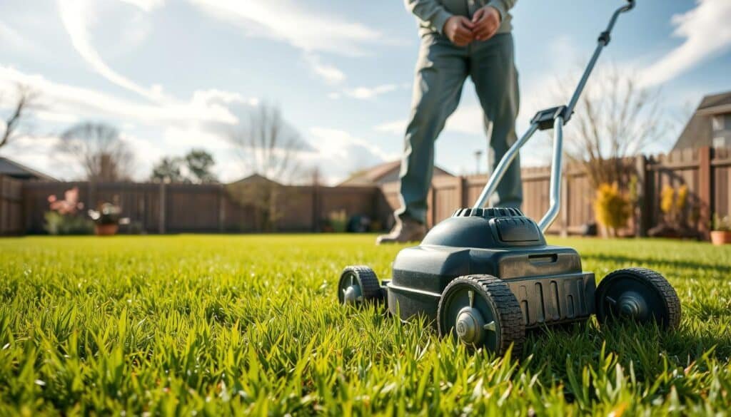 A serene backyard on a warm spring day, the lush, newly seeded lawn glistening under the soft, diffused sunlight. A manual push mower stands at the ready, its polished chrome blades anticipating the first pass over the delicate grass blades. The homeowner, dressed in comfortable work attire, thoughtfully examines the growth, determining the optimal mowing height to nurture the nascent lawn. Tall, wispy clouds drift overhead, casting gentle shadows that dance across the emerald expanse, creating a tranquil, picturesque scene worthy of capturing the essence of "when to mow new grass."
