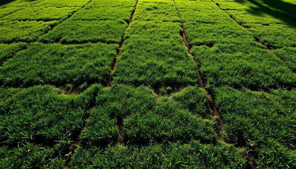 A sprawling expanse of lush green lawn, ravaged by the marks of a recent wet mowing. Jagged, discolored streaks scar the surface, where the weight of the mower has compressed the saturated soil. Tufts of grass lie flattened, their blades wilting under the pressure. Shadows cast by the mower's wheels create a moody, uneven pattern across the ground. Sunlight filters through scattered clouds, casting a soft, diffused glow that highlights the damaged areas. The scene conveys a sense of carelessness and the consequences of mowing a lawn in less-than-ideal conditions. A sprawling expanse of lush green lawn, ravaged by the marks of a recent wet mowing. Jagged, discolored streaks scar the surface, where the weight of the mower has compressed the saturated soil. Tufts of grass lie flattened, their blades wilting under the pressure. Shadows cast by the mower's wheels create a moody, uneven pattern across the ground. Sunlight filters through scattered clouds, casting a soft, diffused glow that highlights the damaged areas. The scene conveys a sense of carelessness and the consequences of mowing a lawn in less-than-ideal conditions.