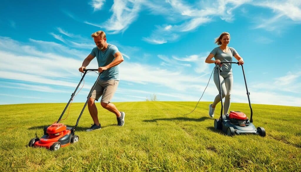 A sunny outdoor scene, with a lush green lawn in the foreground. On the left, a person is vigorously pushing a manual lawn mower, their muscles straining with each pull of the cord. On the right, a person effortlessly glides along with a power mower, leaving a neat, even path behind them. The contrast in their body language and the mowers' designs highlights the different calorie-burning experiences. The background features a clear blue sky with wispy clouds, creating a sense of tranquility and the perfect setting for this informative comparison. A sunny outdoor scene, with a lush green lawn in the foreground. On the left, a person is vigorously pushing a manual lawn mower, their muscles straining with each pull of the cord. On the right, a person effortlessly glides along with a power mower, leaving a neat, even path behind them. The contrast in their body language and the mowers' designs highlights the different calorie-burning experiences. The background features a clear blue sky with wispy clouds, creating a sense of tranquility and the perfect setting for this informative comparison.
