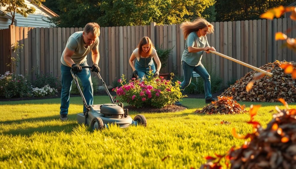 A vibrant backyard scene showcasing a comparison of various yard work activities. In the foreground, a person meticulously mowing a lush, verdant lawn, their muscles straining as they push the lawn mower. In the middle ground, another person diligently weeding a flower bed, their brow furrowed in concentration. In the background, a person energetically raking a pile of fallen leaves, their movements captured in a dynamic blur. The scene is bathed in warm, golden light, casting long shadows and creating a sense of depth and dimensionality. The composition is balanced, with each activity occupying a distinct space and contributing to the overall narrative. The overall mood is one of productive industry and physical exertion, reflecting the challenges and benefits of maintaining a well-kept yard. A vibrant backyard scene showcasing a comparison of various yard work activities. In the foreground, a person meticulously mowing a lush, verdant lawn, their muscles straining as they push the lawn mower. In the middle ground, another person diligently weeding a flower bed, their brow furrowed in concentration. In the background, a person energetically raking a pile of fallen leaves, their movements captured in a dynamic blur. The scene is bathed in warm, golden light, casting long shadows and creating a sense of depth and dimensionality. The composition is balanced, with each activity occupying a distinct space and contributing to the overall narrative. The overall mood is one of productive industry and physical exertion, reflecting the challenges and benefits of maintaining a well-kept yard.