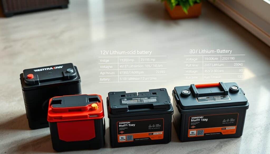 A well-lit, high-angle shot showcasing three lawn mower battery types in a side-by-side comparison. In the foreground, a 12V lead-acid battery, a 40V lithium-ion battery, and an 80V lithium-ion battery sit atop a clean, neutral surface. The middle ground features a detailed technical breakdown of each battery's specifications, including voltage, amp-hours, and run time. The background blurs gently, allowing the batteries to be the focal point. The overall mood is informative and tech-savvy, with crisp, even lighting highlighting the distinct differences between the battery types.