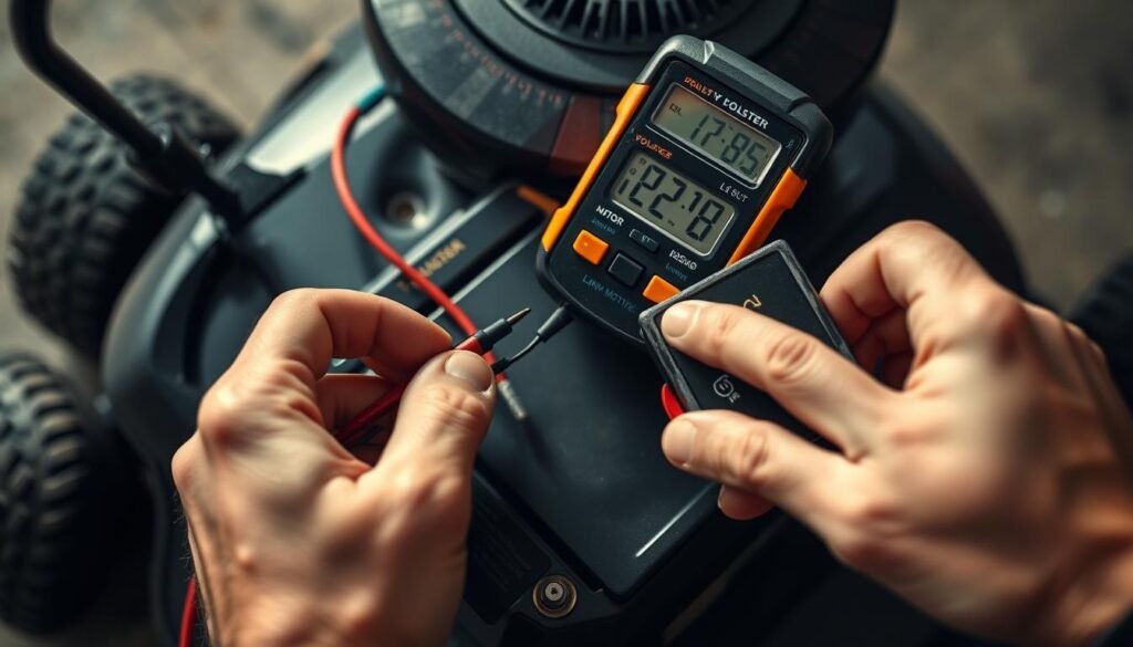 A well-lit, high-angle view of a person's hands using a digital multimeter to measure the voltage of a riding lawn mower battery. The battery is visible in the foreground, its terminals exposed, with the multimeter's probes touching the contacts. The person's hands are focused and steady, showcasing the delicate process of testing the battery. The background is slightly blurred, emphasizing the task at hand. Subtle reflections on the multimeter's display provide a sense of depth and technical precision. The overall mood is one of careful examination, with a touch of technical curiosity. A well-lit, high-angle view of a person's hands using a digital multimeter to measure the voltage of a riding lawn mower battery. The battery is visible in the foreground, its terminals exposed, with the multimeter's probes touching the contacts. The person's hands are focused and steady, showcasing the delicate process of testing the battery. The background is slightly blurred, emphasizing the task at hand. Subtle reflections on the multimeter's display provide a sense of depth and technical precision. The overall mood is one of careful examination, with a touch of technical curiosity.