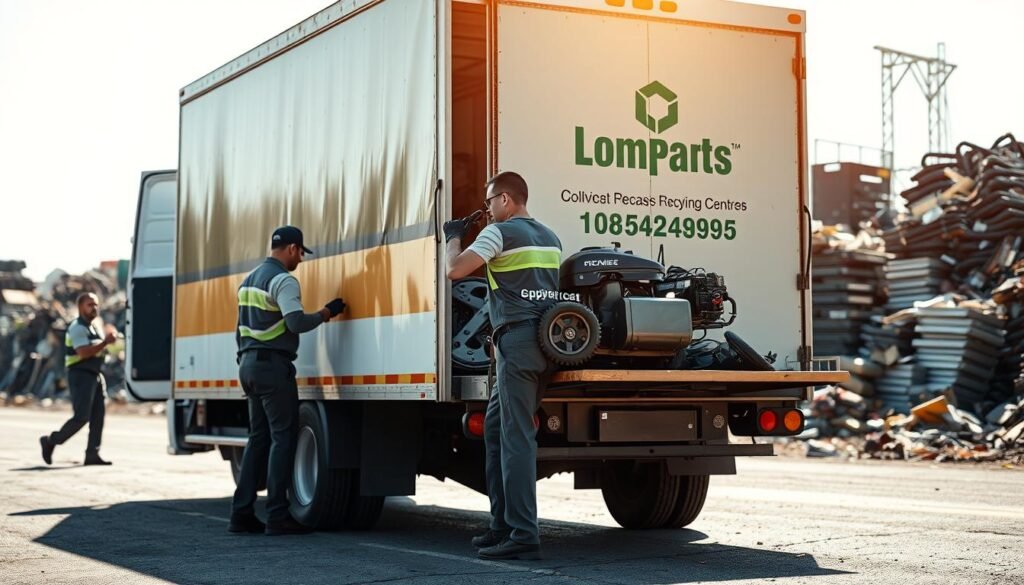 A well-lit, high-resolution image of a professional junk removal service in action. The foreground shows a team of uniformed workers efficiently loading an old lawn mower and other discarded items into the back of a large, branded cargo van. The middle ground features the company's logo and contact information prominently displayed on the van's side. In the background, a neatly organized junkyard or recycling facility can be seen, conveying a sense of organization and environmental responsibility. The lighting is bright and natural, creating sharp shadows and highlights that accentuate the dynamic scene. The camera angle is slightly elevated, providing a comprehensive view of the operation. A well-lit, high-resolution image of a professional junk removal service in action. The foreground shows a team of uniformed workers efficiently loading an old lawn mower and other discarded items into the back of a large, branded cargo van. The middle ground features the company's logo and contact information prominently displayed on the van's side. In the background, a neatly organized junkyard or recycling facility can be seen, conveying a sense of organization and environmental responsibility. The lighting is bright and natural, creating sharp shadows and highlights that accentuate the dynamic scene. The camera angle is slightly elevated, providing a comprehensive view of the operation.