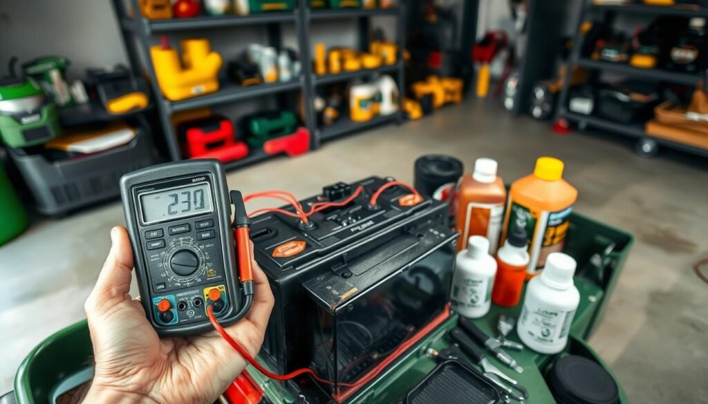 A well-lit, high-resolution image of a riding lawn mower with the battery compartment open, showcasing proper battery maintenance techniques. The foreground features a hand holding a multimeter, checking the battery's voltage and charge level. The middle ground displays a selection of tools like wire brushes, battery terminals, and cleaning solutions. The background depicts a neatly organized garage or workshop setting, with shelves of lawn care products. The overall mood is one of informative, practical guidance, emphasizing the importance of battery maintenance for the longevity and performance of a riding lawn mower. A well-lit, high-resolution image of a riding lawn mower with the battery compartment open, showcasing proper battery maintenance techniques. The foreground features a hand holding a multimeter, checking the battery's voltage and charge level. The middle ground displays a selection of tools like wire brushes, battery terminals, and cleaning solutions. The background depicts a neatly organized garage or workshop setting, with shelves of lawn care products. The overall mood is one of informative, practical guidance, emphasizing the importance of battery maintenance for the longevity and performance of a riding lawn mower.