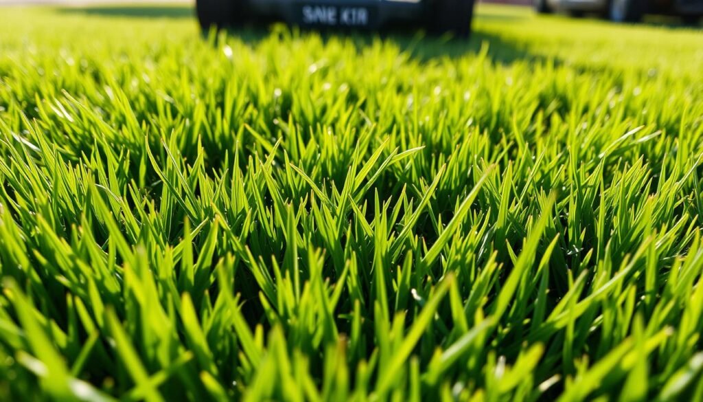 A close-up view of freshly mowed grass, showcasing the ideal lawn mowing height. The lush, verdant blades are trimmed evenly, creating a seamless, well-groomed appearance. Soft natural light filters through, casting gentle shadows and highlighting the texture of the grass. The scene is captured from a low angle, emphasizing the crisp, uniform cut and the satisfying visual of a neatly maintained lawn. The overall mood is one of tidiness, order, and the pride of a well-tended outdoor space, setting the stage for the first mow of new grass. A close-up view of freshly mowed grass, showcasing the ideal lawn mowing height. The lush, verdant blades are trimmed evenly, creating a seamless, well-groomed appearance. Soft natural light filters through, casting gentle shadows and highlighting the texture of the grass. The scene is captured from a low angle, emphasizing the crisp, uniform cut and the satisfying visual of a neatly maintained lawn. The overall mood is one of tidiness, order, and the pride of a well-tended outdoor space, setting the stage for the first mow of new grass.