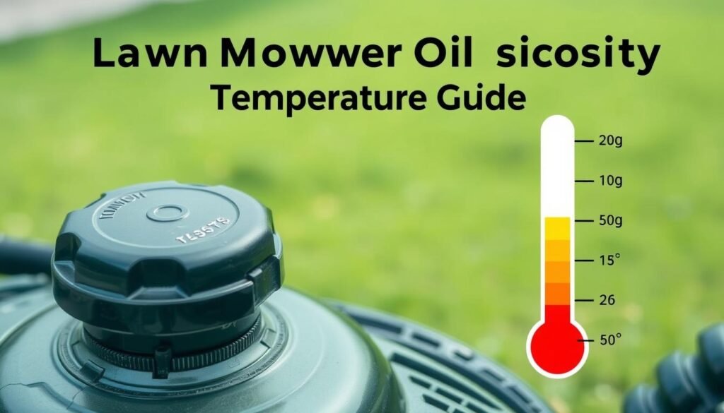 A detailed infographic displaying a lawn mower oil viscosity temperature guide. In the foreground, a close-up of a lawn mower engine with its oil cap open, revealing the oil reservoir. In the middle ground, a temperature scale with corresponding viscosity numbers, presented in a clean, minimalist style. The background features a soft, blurred image of a manicured lawn, creating a serene, informative atmosphere. The lighting is natural, with soft highlights and shadows to accentuate the details. The overall composition is balanced, with a technical, yet visually appealing aesthetic that would complement the article's subject matter. A detailed infographic displaying a lawn mower oil viscosity temperature guide. In the foreground, a close-up of a lawn mower engine with its oil cap open, revealing the oil reservoir. In the middle ground, a temperature scale with corresponding viscosity numbers, presented in a clean, minimalist style. The background features a soft, blurred image of a manicured lawn, creating a serene, informative atmosphere. The lighting is natural, with soft highlights and shadows to accentuate the details. The overall composition is balanced, with a technical, yet visually appealing aesthetic that would complement the article's subject matter.