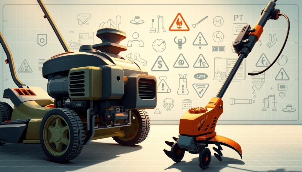 A detailed, technical illustration of gas-powered lawn equipment regulations, set against a clean, professional backdrop. In the foreground, a gas lawn mower and string trimmer are prominently displayed, their engines and exhaust systems meticulously rendered. In the middle ground, various regulatory symbols, icons, and hazard warnings are tastefully integrated, conveying a sense of oversight and compliance. The background features a subtle grid or blueprint pattern, suggesting the structured, bureaucratic nature of the regulations. Warm, directional lighting from the top-left casts subtle shadows, adding depth and dimensionality to the scene. The overall mood is one of authoritative, yet visually-appealing compliance with applicable laws and guidelines.