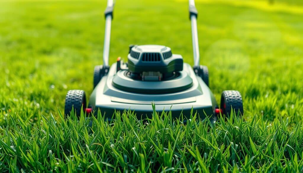 A freshly mowed lawn lies in the foreground, the grass blades still damp with morning dew. In the center, a well-maintained lawn mower stands ready, its blades gleaming in the soft, diffused sunlight filtering through wispy clouds. The handles are gripped firmly, the engine awaiting its first roar of the season. In the background, a lush, emerald green lawn stretches out, its vibrant hue a testament to the care and attention it has received. The scene conveys a sense of anticipation and the satisfaction that comes with the ritual of preparing the lawn for its first cutting, marking the start of a new season of growth and renewal.