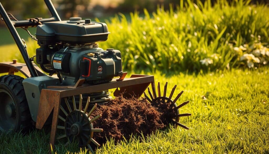 A heavy-duty power dethatcher with aggressive steel tines, designed for deep, thorough removal of dense, stubborn thatch buildup on lawns. Positioned in the foreground, the machine's rugged frame and powerful engine convey its utility for tackling the most challenging thatch accumulations. In the middle ground, lush, healthy grass suggests the transformative potential of this specialized tool. The scene is illuminated by warm, directional sunlight, casting dynamic shadows and highlighting the dethatcher's functional details. An atmosphere of practical, hard-working professionalism pervades the image, reflecting the essential role of this equipment in revitalizing lawns beyond the capabilities of a standard lawn mower. A heavy-duty power dethatcher with aggressive steel tines, designed for deep, thorough removal of dense, stubborn thatch buildup on lawns. Positioned in the foreground, the machine's rugged frame and powerful engine convey its utility for tackling the most challenging thatch accumulations. In the middle ground, lush, healthy grass suggests the transformative potential of this specialized tool. The scene is illuminated by warm, directional sunlight, casting dynamic shadows and highlighting the dethatcher's functional details. An atmosphere of practical, hard-working professionalism pervades the image, reflecting the essential role of this equipment in revitalizing lawns beyond the capabilities of a standard lawn mower.