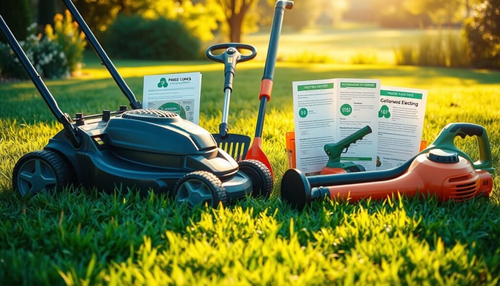A lush green lawn with a vibrant array of lawn care equipment neatly arranged, bathed in warm, soft lighting. In the foreground, a sleek gas-powered lawn mower, its chrome accents gleaming, surrounded by a cordless electric trimmer, a sturdy garden rake, and a lightweight leaf blower. In the middle ground, a collection of rebate forms and informational brochures, highlighting various financial incentives for upgrading to eco-friendly lawn care tools. The background features a serene, sun-dappled landscape, suggesting the tranquility and satisfaction of a well-maintained outdoor space.