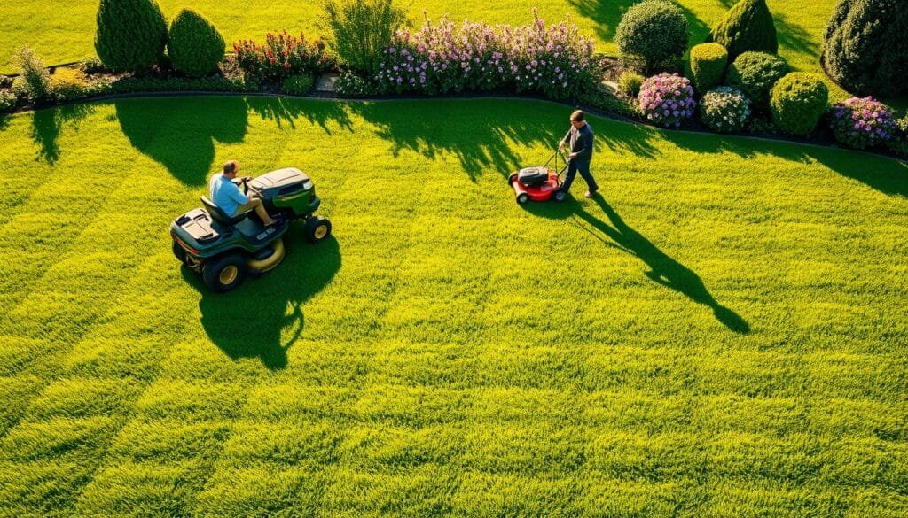 A lush, manicured lawn stretches across the frame, its vibrant green hues illuminated by warm, golden sunlight. In the foreground, a riding lawn mower navigates intricate patterns, leaving behind a meticulously striped surface. The mower's blades slice through the grass with precision, creating a visually striking layout of alternating light and dark bands. The middle ground showcases a gardener carefully guiding a push mower, ensuring even coverage and a clean, uniform finish. In the background, a well-maintained garden with flourishing flowers and shrubs provides a beautiful, complementary backdrop. The scene conveys a sense of order, diligence, and a commitment to cultivating a healthy, visually appealing lawn.