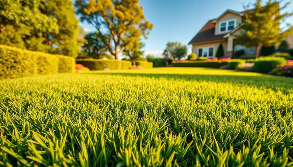 A lush, verdant lawn of freshly laid sod stretches across the foreground, its vibrant green blades glistening in the warm, golden sunlight. The texture of the individual grass strands is detailed and natural, creating a sense of depth and realism. In the middle ground, the lawn transitions seamlessly into a well-manicured garden, with neatly trimmed hedges and colorful flowers adding pops of color. The background features a picturesque suburban landscape, with a cozy two-story house, well-maintained trees, and a clear, blue sky above, conveying a sense of tranquility and domestic bliss. The overall scene is captured with a wide-angle lens, providing a comprehensive, panoramic view that invites the viewer to imagine themselves in this idyllic setting. A lush, verdant lawn of freshly laid sod stretches across the foreground, its vibrant green blades glistening in the warm, golden sunlight. The texture of the individual grass strands is detailed and natural, creating a sense of depth and realism. In the middle ground, the lawn transitions seamlessly into a well-manicured garden, with neatly trimmed hedges and colorful flowers adding pops of color. The background features a picturesque suburban landscape, with a cozy two-story house, well-maintained trees, and a clear, blue sky above, conveying a sense of tranquility and domestic bliss. The overall scene is captured with a wide-angle lens, providing a comprehensive, panoramic view that invites the viewer to imagine themselves in this idyllic setting.