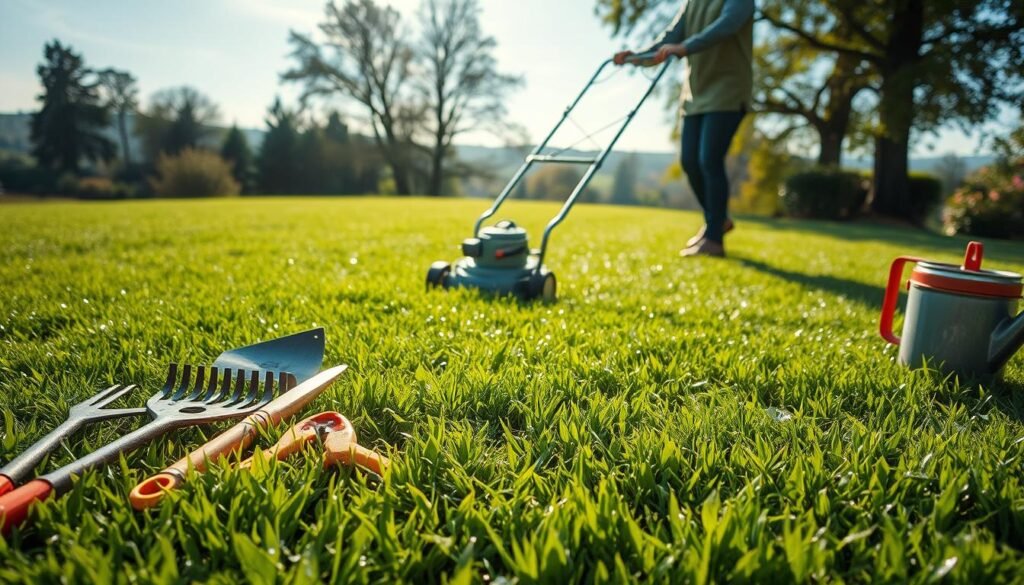 A lush, verdant lawn stretches out, glistening with dew. In the foreground, a freshly sharpened lawn mower sits poised, its sleek silver blades reflecting the soft, ambient lighting. Surrounding it, a variety of gardening tools - a rake, pruning shears, and a watering can - are neatly arranged, ready for the task at hand. The middle ground reveals a person, clad in weatherproof attire, carefully maneuvering the mower through the wet grass, leaving behind a trail of perfectly even, neatly trimmed blades. In the background, a picturesque landscape unfolds, with towering trees and a clear, blue sky, creating a serene and inviting atmosphere.